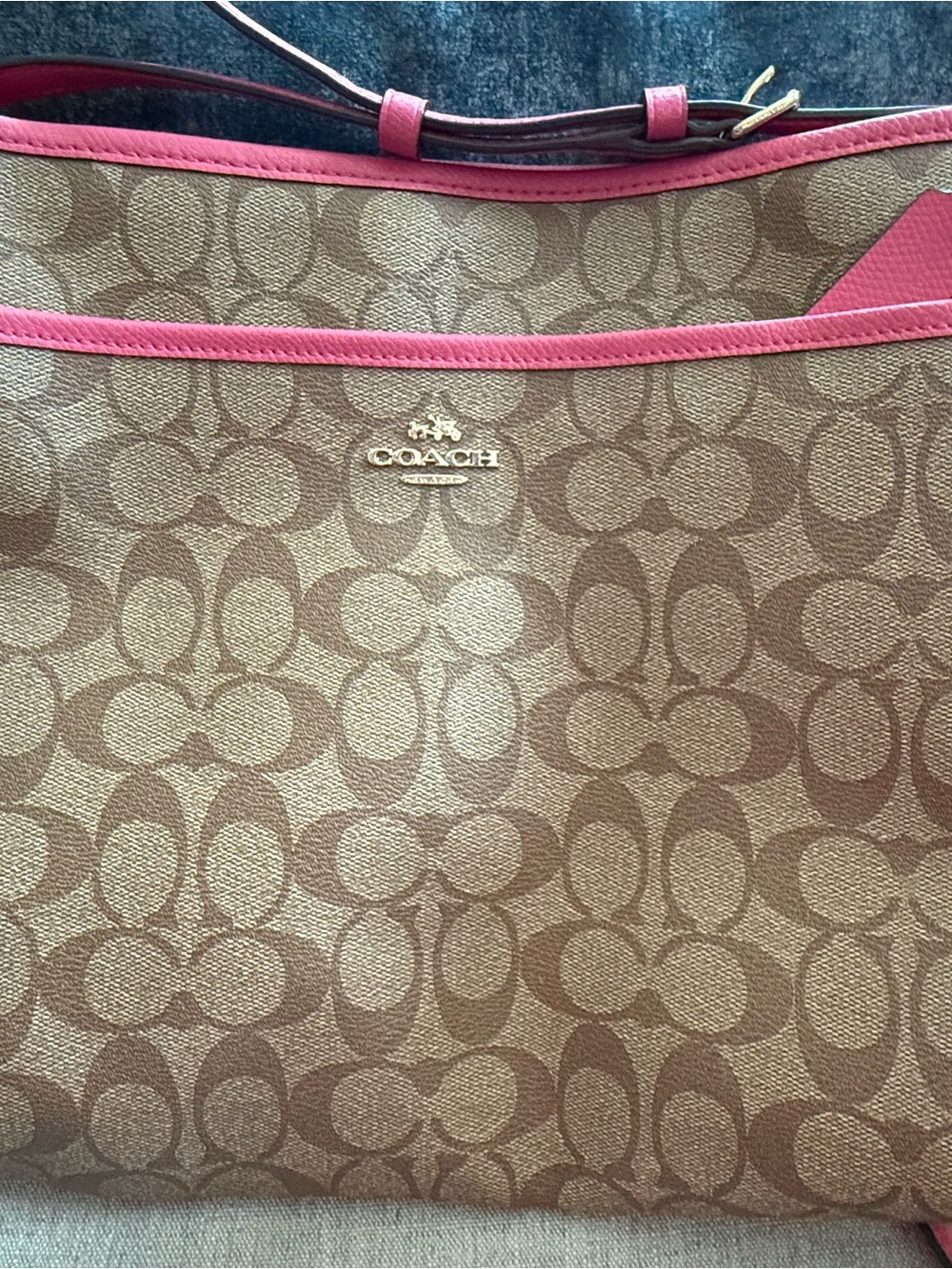 Coach Tan Signature Canvas Tote with Pink Trim